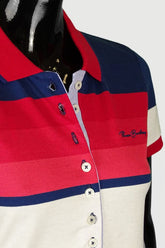 Women's striped collared short-sleeved cotton polo shirt - red