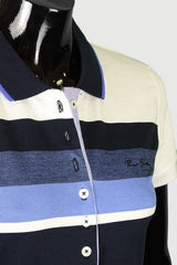 Women's striped collared short-sleeved cotton polo shirt - blue