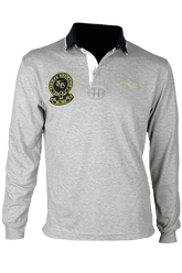 Basic solid-color collared 3-button long-sleeve polo shirt with gold embroidery - gray