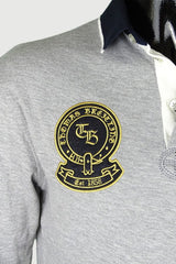 Basic solid-color collared 3-button long-sleeve polo shirt with gold embroidery - gray