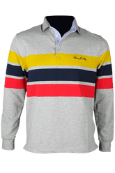 Striped collared 3-button long-sleeved polo shirt - grey