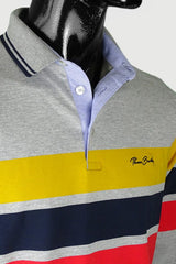 Csíkos galléros 3 gombos hosszú ujjú póló - szürke