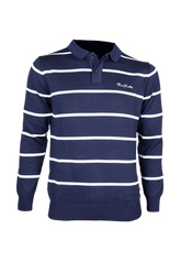 Men's striped collared 3-button cotton sweater - white