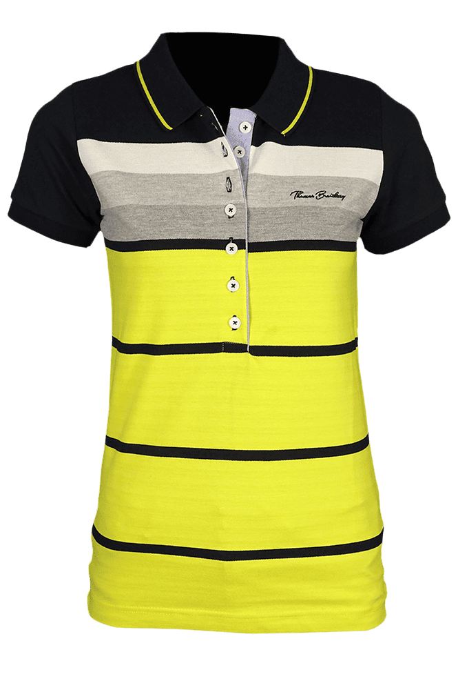 Women's striped collared short-sleeved cotton polo shirt - lemon yellow
