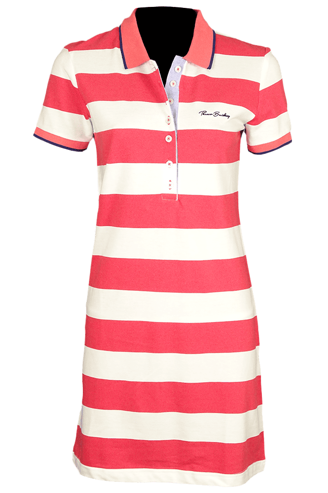 Women's striped collared short-sleeved cotton dress - pink