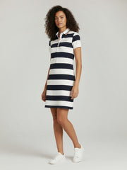 Women's striped collared short-sleeved cotton dress.