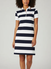 Women's striped collared short-sleeved cotton dress.