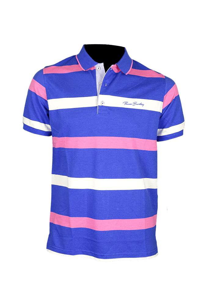 Men's striped collared short-sleeved cotton polo shirt - blue