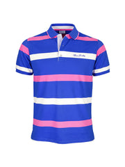 Csíkos galléros rövid ujjú férfi pamut póló - kék