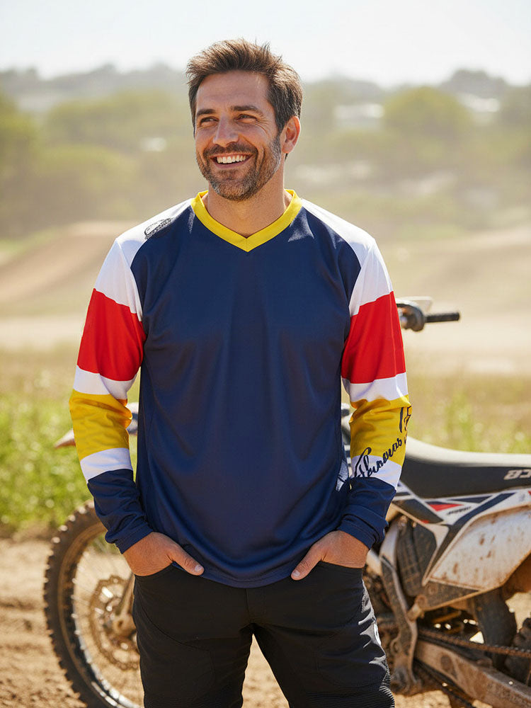 Men's V-neck long-sleeved technical sports t-shirt - blue