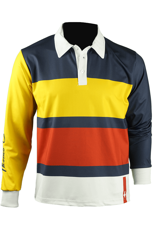 Men's collared long-sleeved technical sports shirt with lettering on the sleeve.