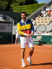 Men's collared long-sleeved technical sports shirt with lettering on the sleeve.