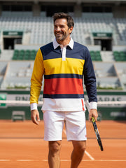 Men's collared long-sleeved technical sports shirt with lettering on the sleeve.