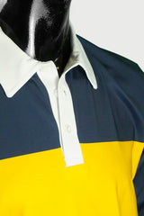 Men's collared long-sleeved technical sports shirt with lettering on the sleeve.