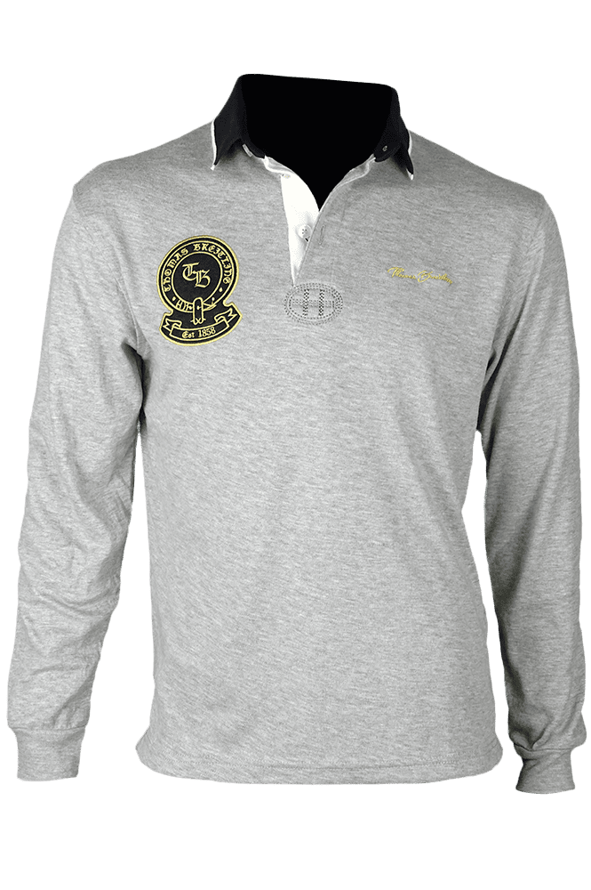 Basic solid-color collared 3-button long-sleeve polo shirt with gold embroidery - gray