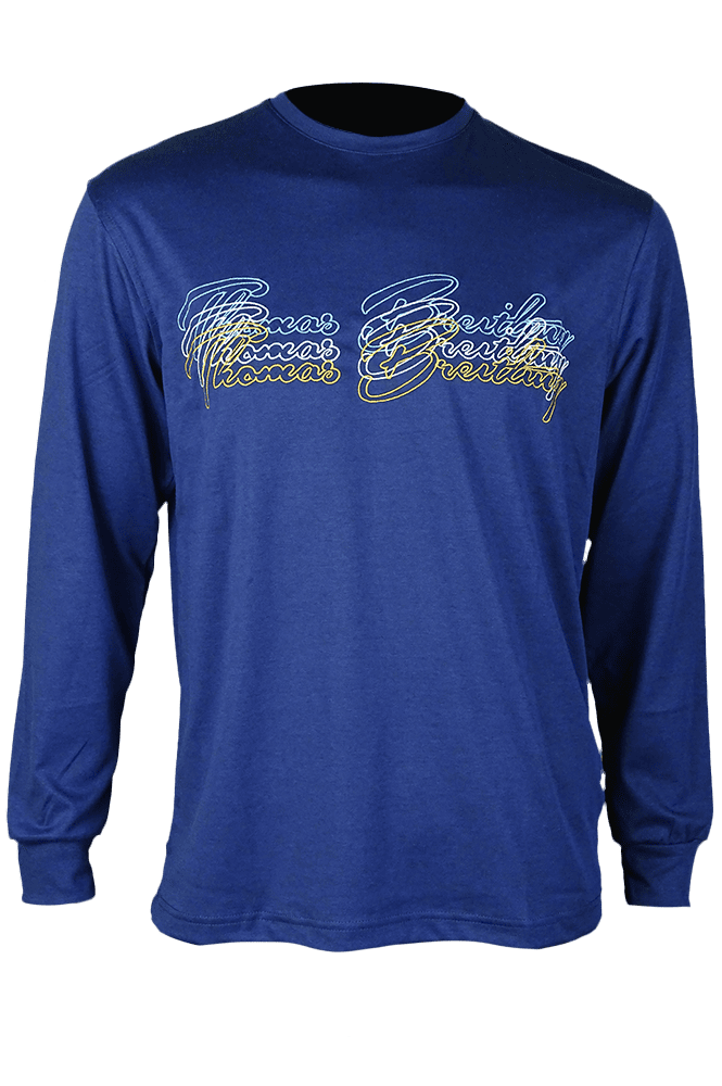 Embroidered plain-colored crew neck long-sleeved t-shirt - blue