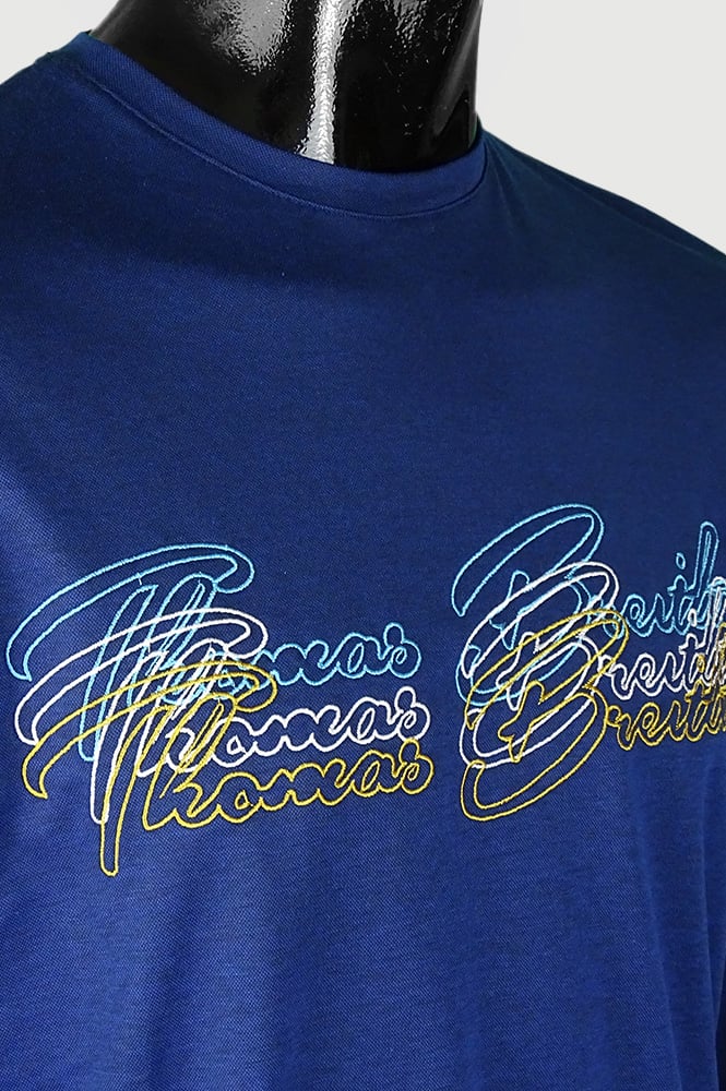 Embroidered plain-colored crew neck long-sleeved t-shirt - blue