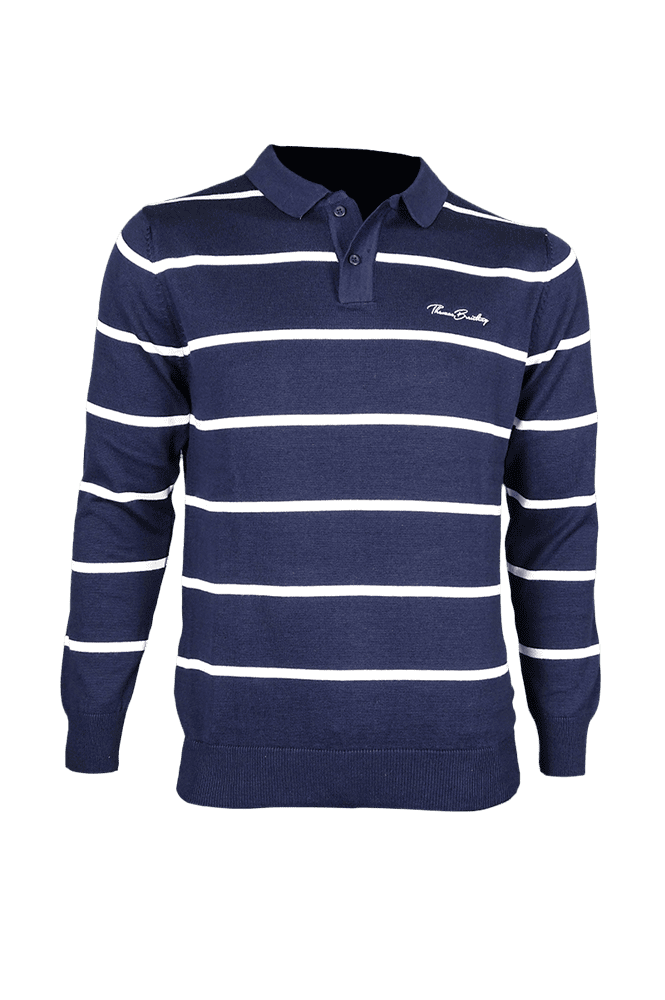 Men's striped collared 3-button cotton sweater - white