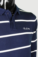 Men's striped collared 3-button cotton sweater - white